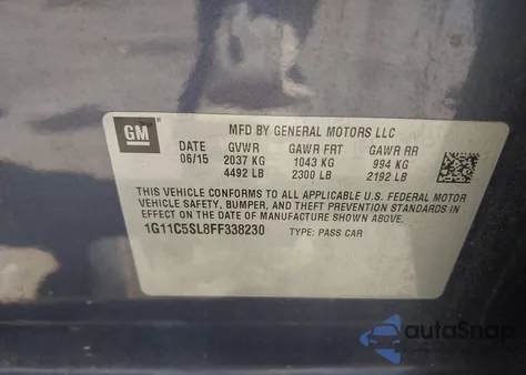 2015 Chevrolet Malibu 1Lt из США, поврежденный, VIN 1G11C5SL8FF338230